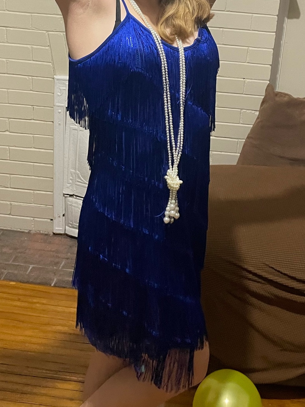Blue Fringe Flapper Dress with Beaded Necklace
